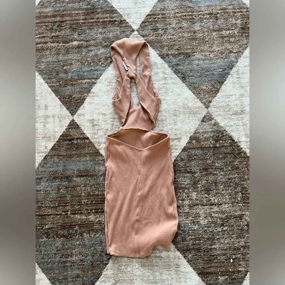 NWT FP Beach Cutout Bodycon Mini Dress XS Ribbed Halter Backless Tan Neutral